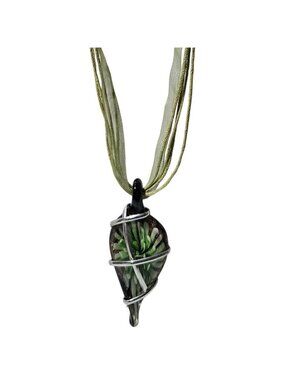 Green Floral Glass Pendant Necklace Wire Wrapped Ribbon Cord Boho Cottagecore